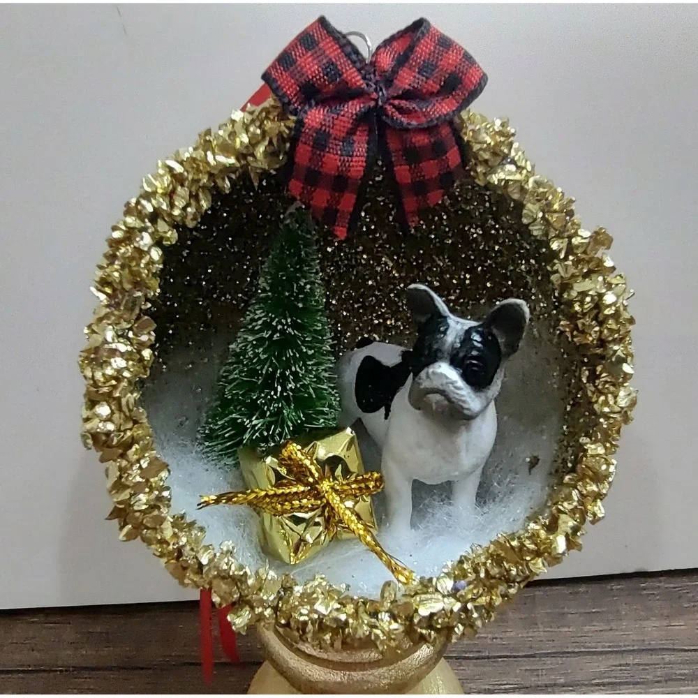 Dog Christmas Ornament Handmade Vtg Style OOAK Boston Terrier Diorama O9